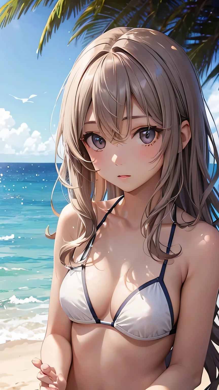 highest quality、Realistic、female、zoom、Gray Eyes、Short wavy chestnut hair、White Bikini、slender、Sunburned skin、Dark Skin、Ocean、Bust Shot、