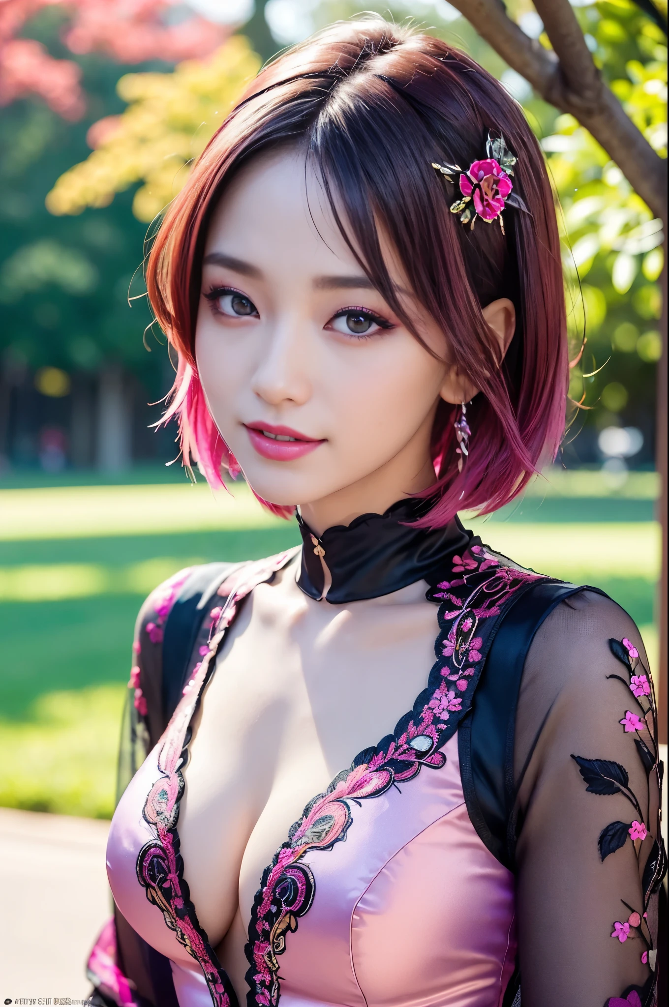 (masterpiece:1.4), (best quality:1.4), ultra high res, ultra high resolution, ((detailed facial features)), HDR, (realistic, photorealistic, photo-realistic:1.37), full body Esbian, sexy Japanese model, (-anime), only 1 model, vivid colors, ((vivid colors multicolor (fuchsia, pink, light blue, purple) very short hair)), ((smiling face)), lip-gloss, long lashes, ultra detailed metallic makeup, defined eyebrows, wearing a red silk Paradise Kiss cosplay dress with black floral embroidery, ((vivid colors outfit)), vivid colors, look at the camera, cinematic light, large park background with trees, sweet and sexy pose