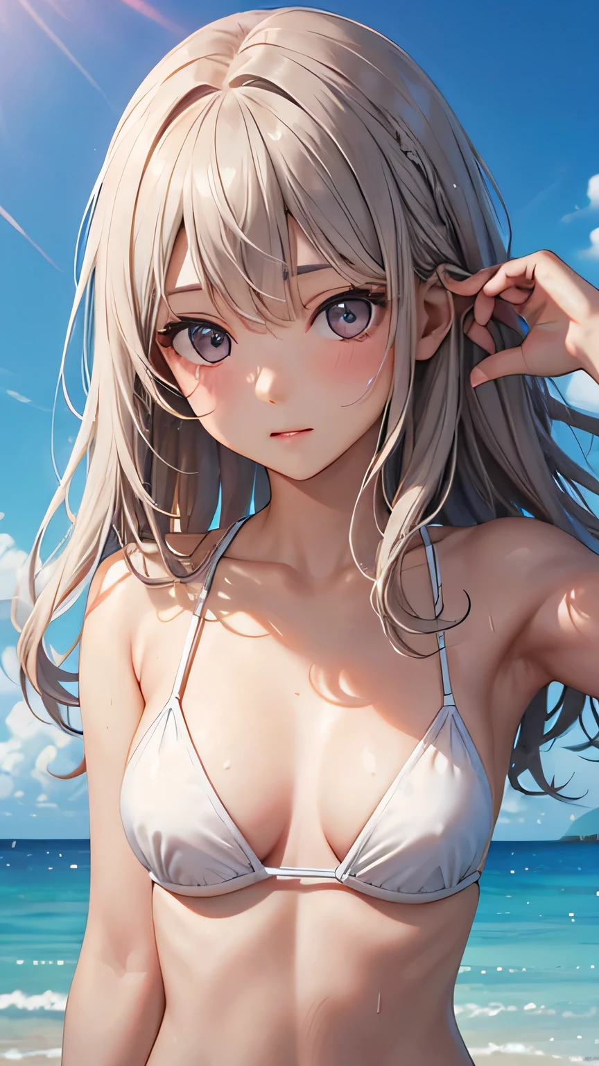 highest quality、Realistic、female、zoom、Gray Eyes、Short wavy chestnut hair、White Bikini、slender、Sunburned skin、Dark Skin、Ocean、Bust Shot、