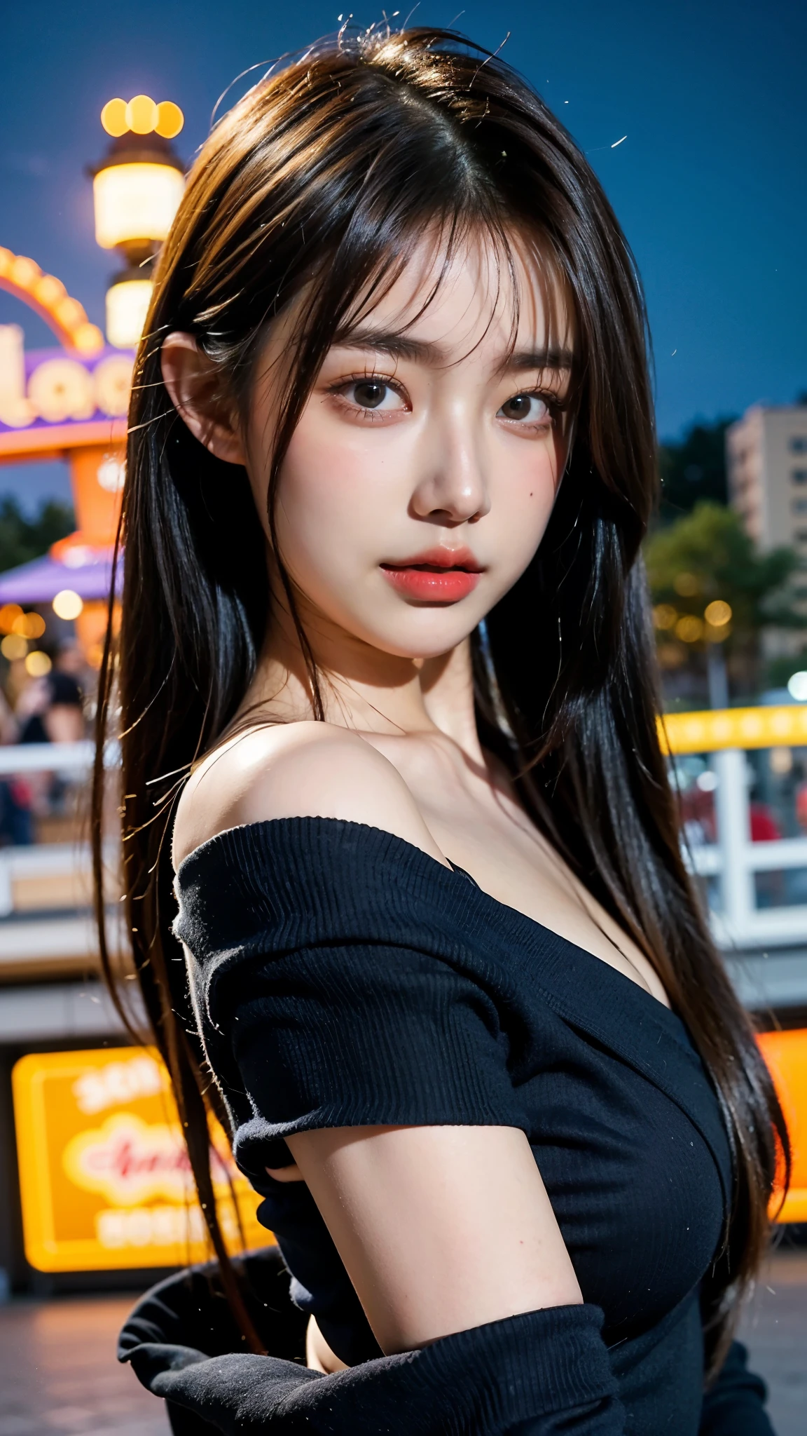 best quality, masterpiece, ultra high resolution, (reality: 1.4), original photo, one girl, 23 years old:1.2, Off-shoulder with vivid colors, Cinema Lighting、portrait、amusement park at night、big bust