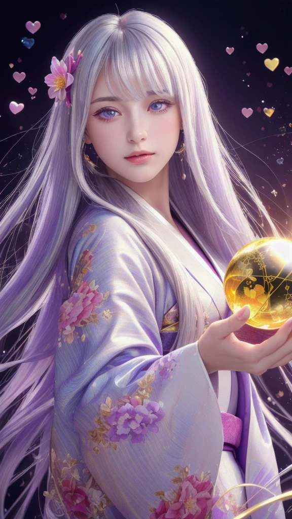 (masterpiece:1.3), (8k, photorealistic, raw photo, highest quality:1.4), (one girl), beautiful face, (realistic face), (long hair), (silver hair, near white hair, shiny hair, beautiful straight hair), (even bangs), (sharp bangs), straight hairstyle, realistic eyes, beautiful detailed eyes (purple eyes), (sharp eyes), (realistic skin), beautiful skin, (kimono), (magician's kimono), (flower hair ornament), attractive, ultra high resolution, ultra realistic, highly detailed, golden ratio, colorful background, (flowers blooming), (energy dancing background), magician, facing forward, facing from shoulders, looking straight ahead, both shoulders facing towards you, holding crystal ball, (heart crystal ball, love crystal ball).