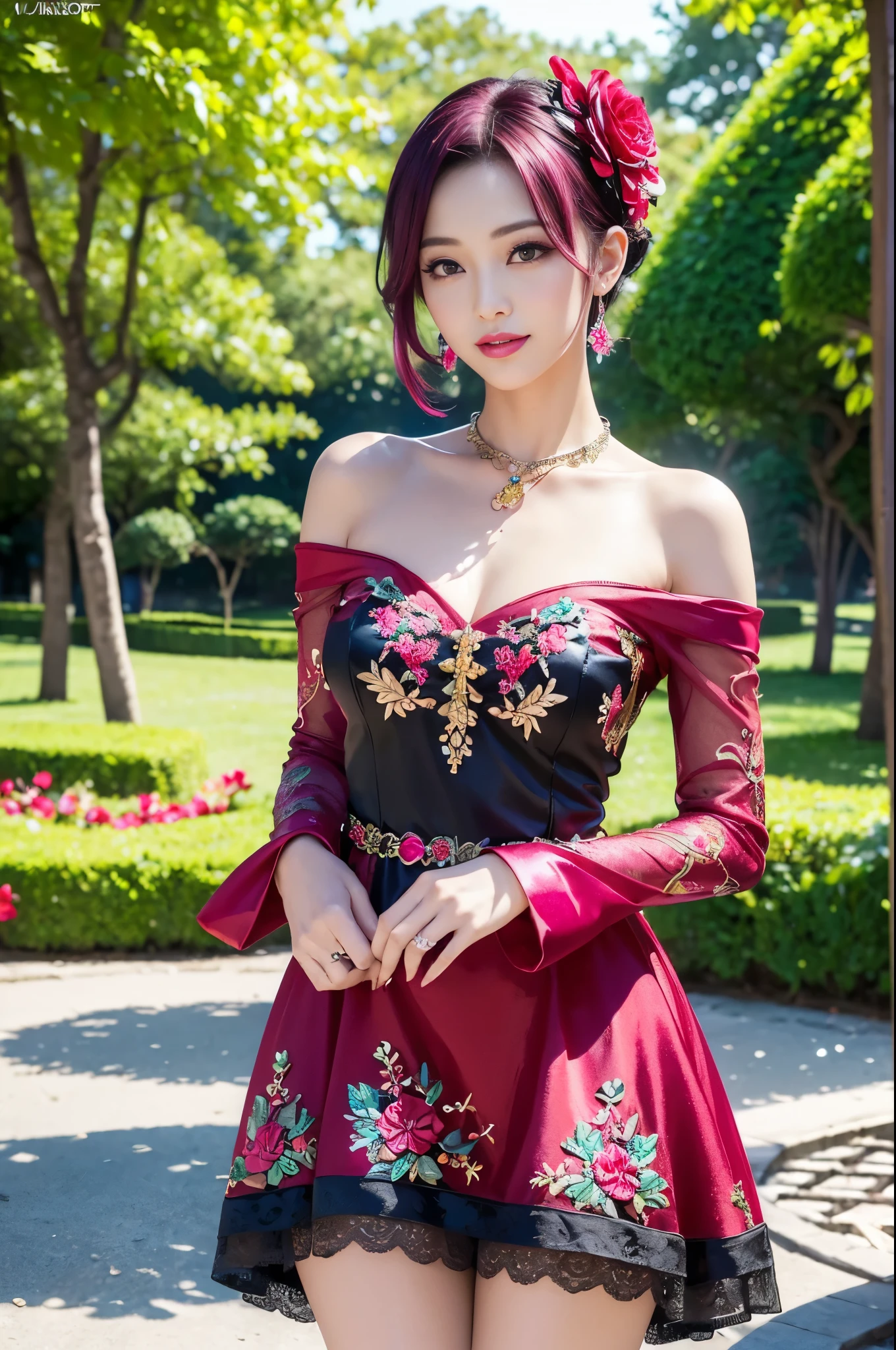 (masterpiece:1.4), (best quality:1.4), ultra high res, ultra high resolution, ((detailed facial features)), HDR, (realistic, photorealistic, photo-realistic:1.37), full body Esbian,  Vietnamese model, (-anime), vivid colors, ((vivid colors multicolor (red, fuchsia) very short hair)), (( smile)), lip-gloss, long lashes, ultra detailed metallic makeup, defined eyebrows, wearing large sparkling colorful jewelery, (wearing a red silk Paradise Kiss cosplay dress with black floral embroidery), ((vivid colors outfit)), vivid colors, look at the camera, cinematic light, large park background with trees, sweet and  pose