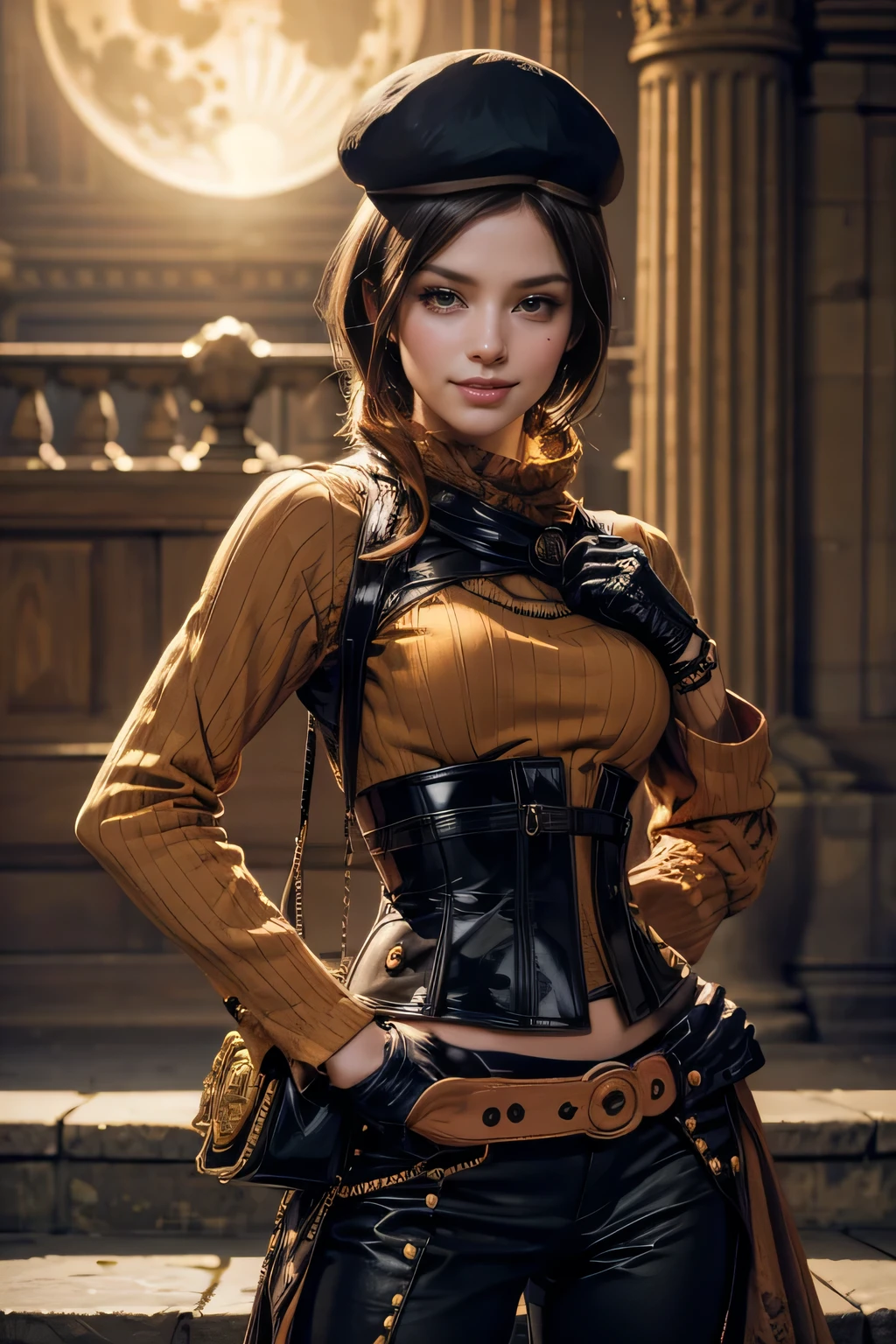 (work of art,stunning girlfriend, (standing:1.1), dynamic pose, heart shaped face, elegant face, beautiful face, high-detailed face, highly detailed skin, skin pore, underground dispersal, realisitic pupils, ssmile amoroso, looking ahead at viewer, full-face blush, fleshy lips, detailed back ground, Depth of field, atmospheric perspective, volumetric lighting, sharp focus, absurderes, realisitic proportions, good anatomy, (realisitic, hyperrealisitic:1.4), 16k hdr, (work of art, best qualityer:1.2), cowboy shot, standing alone, 1 girl, Coco Adel, ssmile, looking ahead at viewer, hand on hip, beret, orange sweater, corset, black gloves, pants, jewerly, waist belt, bandolier, natta, moonligh, standing in castle, crowds wearing armor, ((SFW))