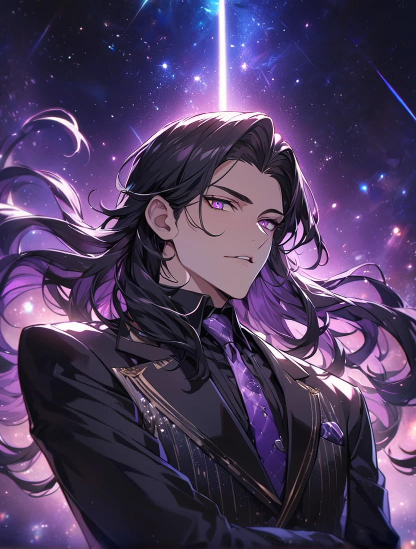 (black_hair), (long_male_hair), (deep_purple_eyes), (high_detailed_eyes), (attractive), (Deep_space_background), (male), (wears_black_suit), (long_male_hair), (detailed_Hair), (detailed), (detailed_mouth), (vertical_slit_pupils), (Europian)