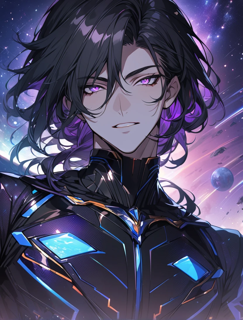 (black_hair), (long_male_hair), (deep_purple_eyes), (high_detailed_eyes), (attractive), (Deep_space_background), (male), (wears_black_suit), (long_male_hair), (detailed_Hair), (detailed), (detailed_mouth), (vertical_slit_pupils), (Europian)