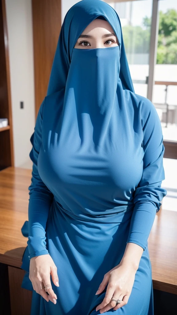 8K, high quality, nice lighting, soft lighting, realistic, dark eyes, sexy, big breasts, thighs, wide hips, muscular, malaysia, blue dress, long sleeves, Jewelry, sexy lady, asian, hijab, niqab, sexy pose, in office, showing big thighs, nice body, natural largest breast, wearing wedding rings, hand sock, office girl, detail fingers, perfect hand