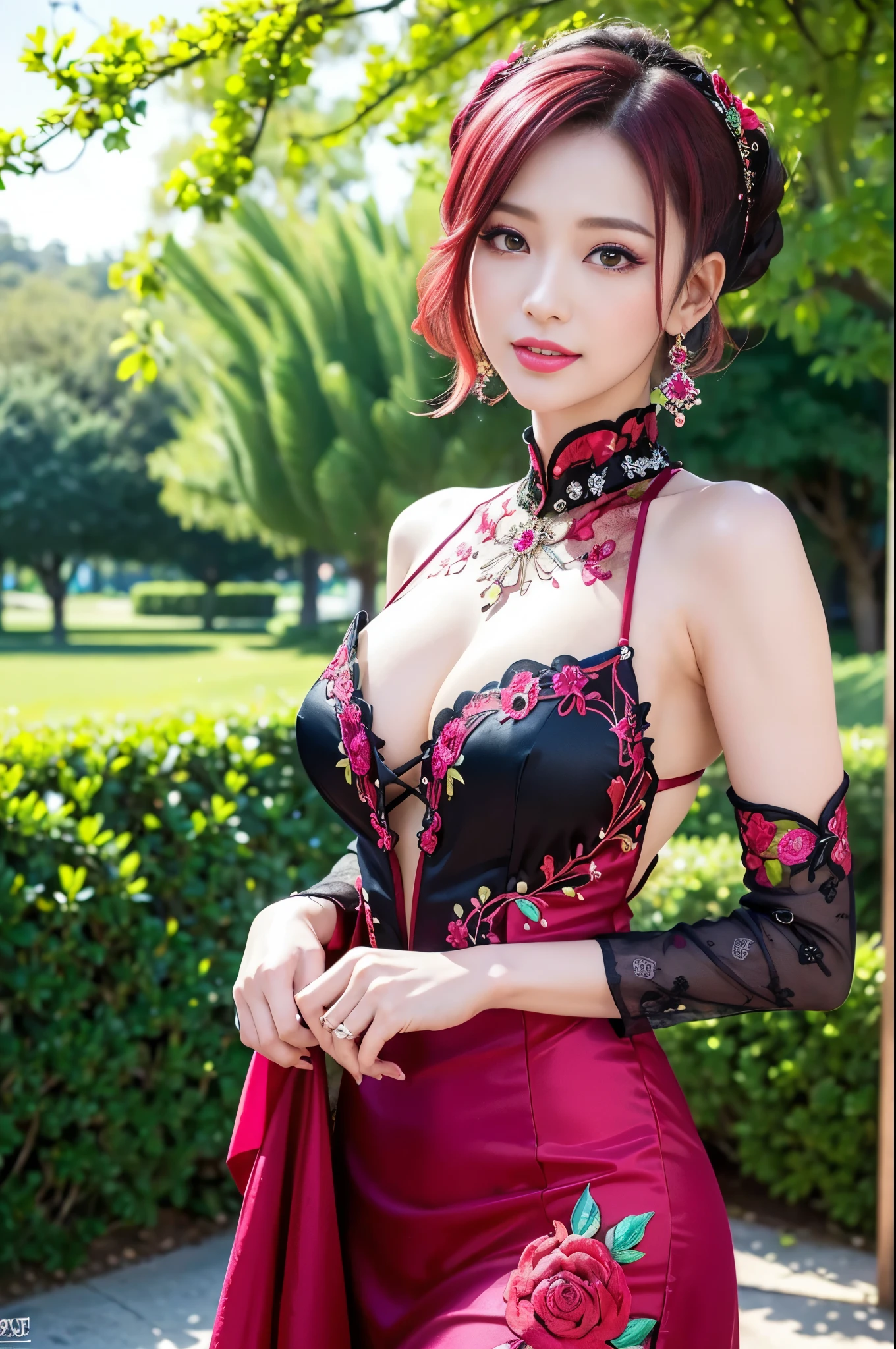(masterpiece:1.4), (best quality:1.4), ultra high res, ultra high resolution, ((detailed facial features)), HDR, (realistic, photorealistic, photo-realistic:1.37), full body Esbian, sexy Vietnamese model, (-anime), vivid colors, ((vivid colors multicolor (red, fuchsia) very short hair)), ((seductive smile)), lip-gloss, long lashes, ultra detailed metallic makeup, defined eyebrows, wearing large sparkling colorful jewelery, (wearing a red silk Paradise Kiss cosplay dress with black floral embroidery), ((vivid colors outfit)), vivid colors, look at the camera, cinematic light, large park background with trees, sweet and sexy pose