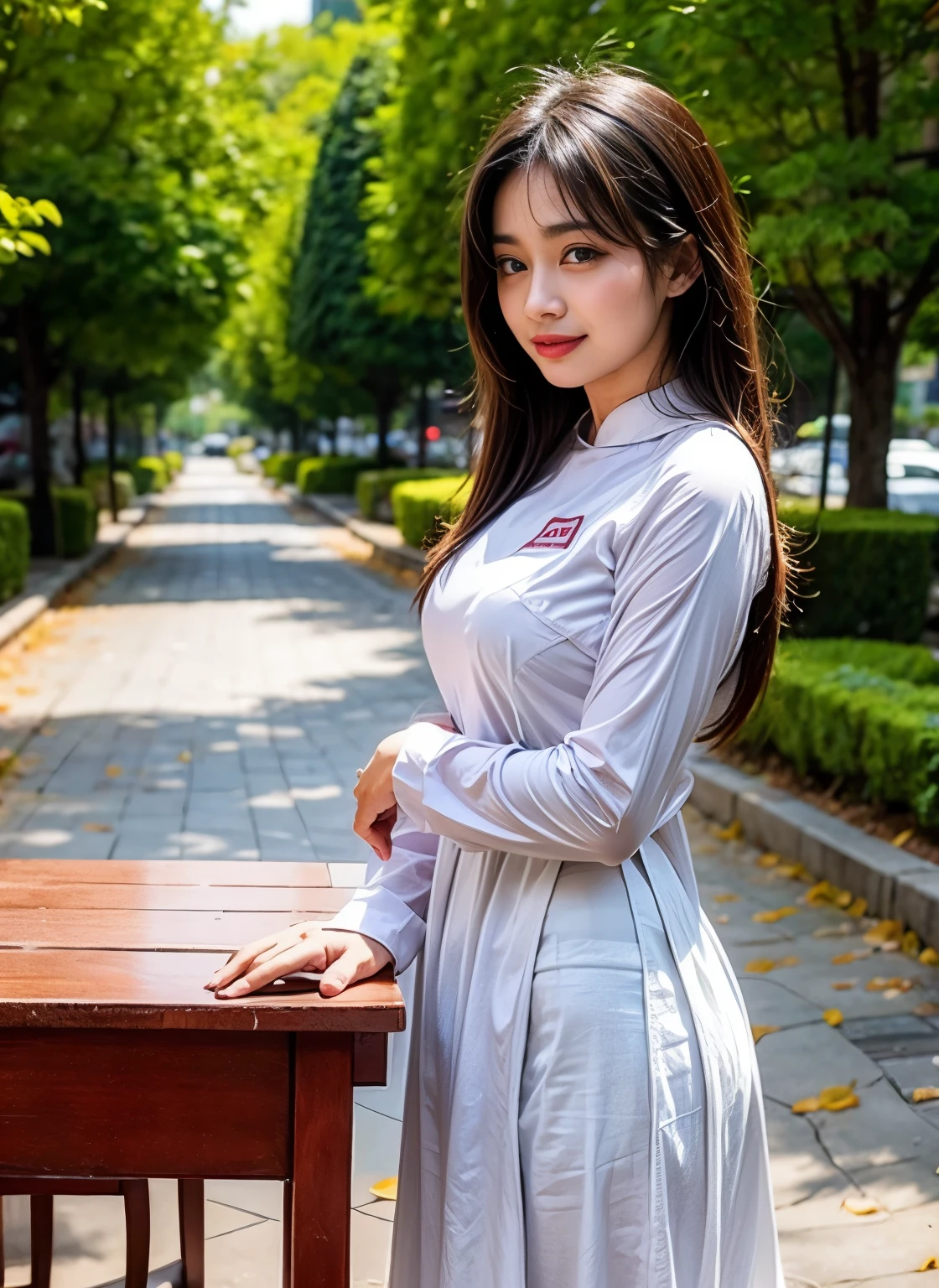 Raw photo , 1 girl  ,Wearing white traditional uniform, Vietnam school girl , black hair , professional photographer, (hdr:1.4), masterpiece, ultra-realistic 8k, perfect artwork, intricate details, cute face, award winning photograph, (Best quality, 8k, 32k, Masterpiece, UHD:1.3) ,