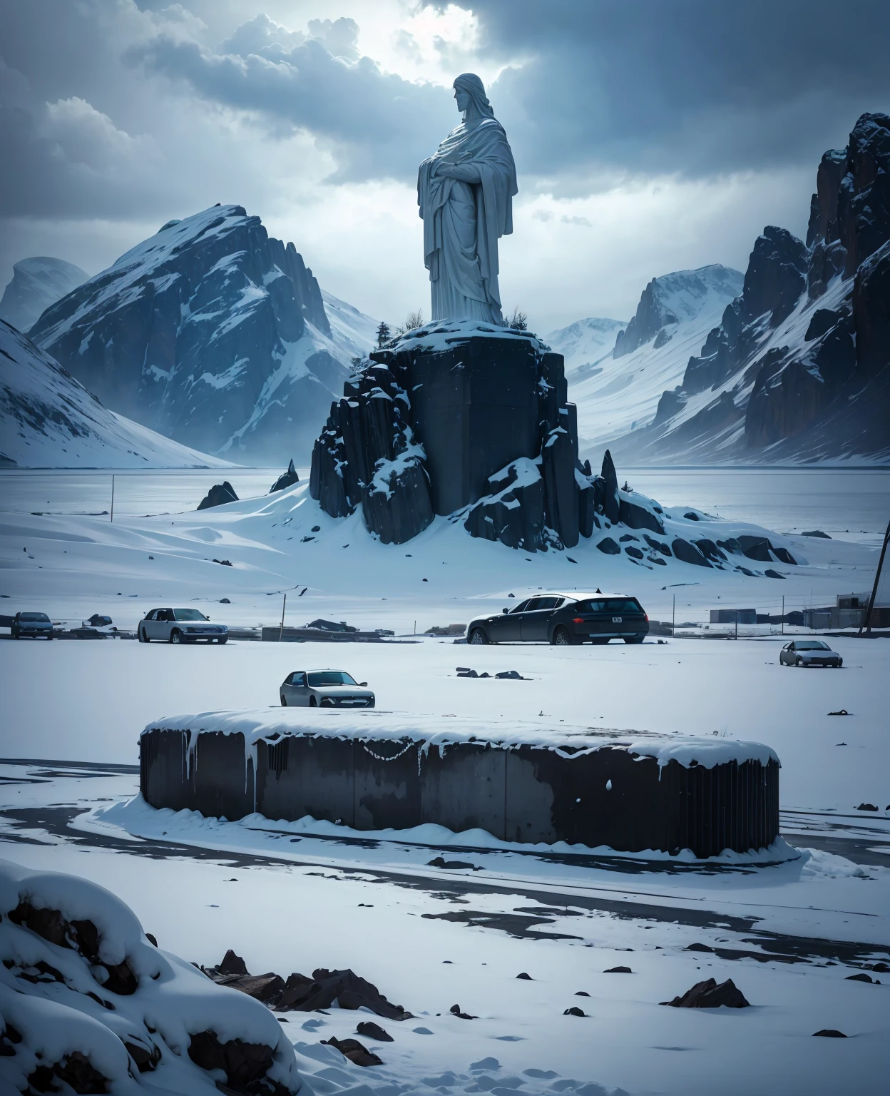 (best quality,4k,8k,highres,masterpiece:1.2),ultra-detailed,(realistic,photorealistic,photo-realistic:1.37),dramatic lighting,cinematic composition,cinematic lighting,dramatic atmosphere,epic scale,Cristo Redentor statue,statue covered in ice and snow,post-apocalyptic landscape,frozen lake,ominous clouds,blizzard,howling wind,fractured ground,abandoned cars,desolate city in background