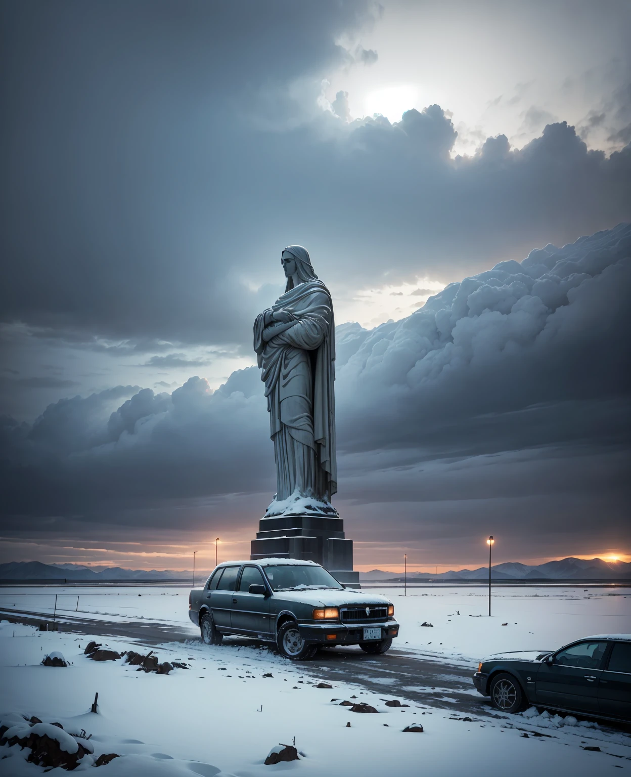 (best quality,4k,8k,highres,masterpiece:1.2),ultra-detailed,(realistic,photorealistic,photo-realistic:1.37),dramatic lighting,cinematic composition,cinematic lighting,dramatic atmosphere,epic scale,Cristo Redentor statue,statue covered in ice and snow,post-apocalyptic landscape,frozen lake,ominous clouds,blizzard,howling wind,fractured ground,abandoned cars,desolate city in background