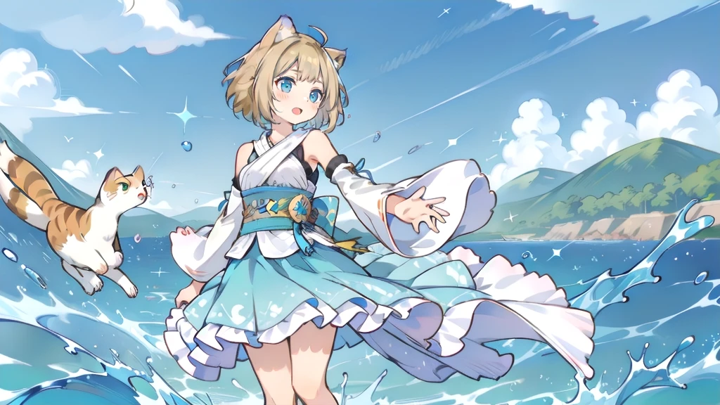 Cat ear、Blonde Hair、Short Hair、Cat ear、Turquoise Eyes(masterpiece, Highest品質, Highest, Official Art, beautifully、aesthetic, exposed for a long time:1.3), Fluid movement, Fascinating patterns, (One girl: 2), (Dynamic pose), Absurd, Portraiture, alone, (whole body:1.1), View your viewers, Detailed Background, Detailed face, standing on water, ripple, swirling water, Suspended particles, Ether Dynamic, water, splash, vapor, Ocean Background, coastal, Ethereal atmosphere, (Crystal AI:0.8), Realistic Skin, Dramatic lighting, Ultra-realistic, wallpaper, Complex, Sharp focus, Ray Tracing, RTTX 10.0, Professionally color coded, Professional photography, masterpiece, Super detailed, high quality, Highest quality, 4K, 8k, born, FFX, Heterochromia iridis, short hair, Yuna Costume, hair ornaments, Removable sleeves, In the same way, sash, In the same way skirt, Long skirt, smile, Happy, Blonde Hair、Short Hair、Cat ear、Turquoise Eyes
