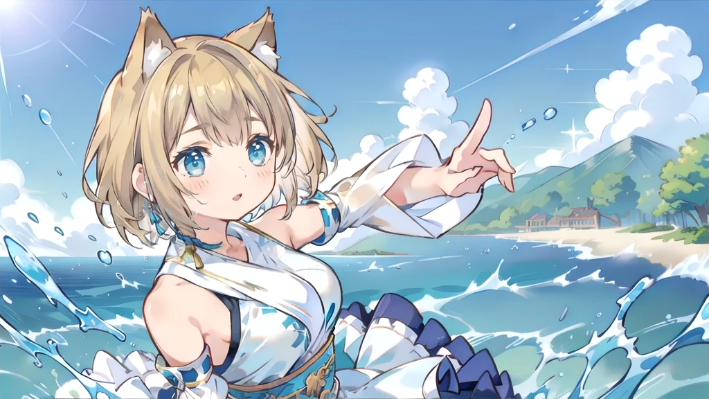 Cat ear、Blonde Hair、Short Hair、Cat ear、Turquoise Eyes(masterpiece, Highest品質, Highest, Official Art, beautifully、aesthetic, exposed for a long time:1.3), Fluid movement, Fascinating patterns, (One girl: 2), (Dynamic pose), Absurd, Portraiture, alone, (whole body:1.1), View your viewers, Detailed Background, Detailed face, standing on water, ripple, swirling water, Suspended particles, Ether Dynamic, water, splash, vapor, Ocean Background, coastal, Ethereal atmosphere, (Crystal AI:0.8), Realistic Skin, Dramatic lighting, Ultra-realistic, wallpaper, Complex, Sharp focus, Ray Tracing, RTTX 10.0, Professionally color coded, Professional photography, masterpiece, Super detailed, high quality, Highest quality, 4K, 8k, born, FFX, Heterochromia iridis, short hair, Yuna Costume, hair ornaments, Removable sleeves, In the same way, sash, In the same way skirt, Long skirt, smile, Happy, Blonde Hair、Short Hair、Cat ear、Turquoise Eyes