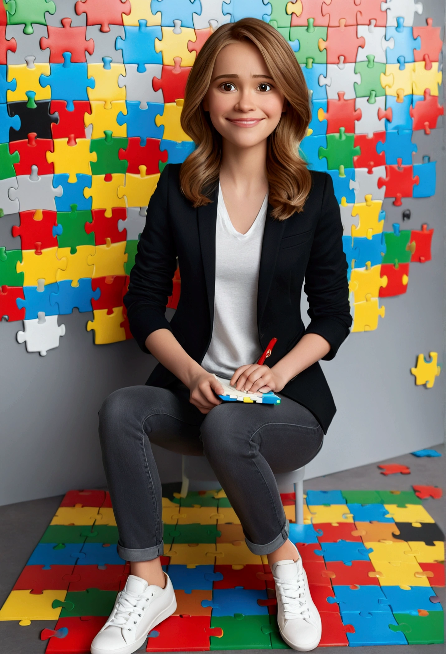 Pixar style 3D poster. light-skinned, happy woman, very straight dark blonde HAIR, light brown eyes, black blazer, black jeans, gray shirt, white sneakers, notebook in hand, BACKGROUND WITH RED, blue, green and yellow PUZZLES.