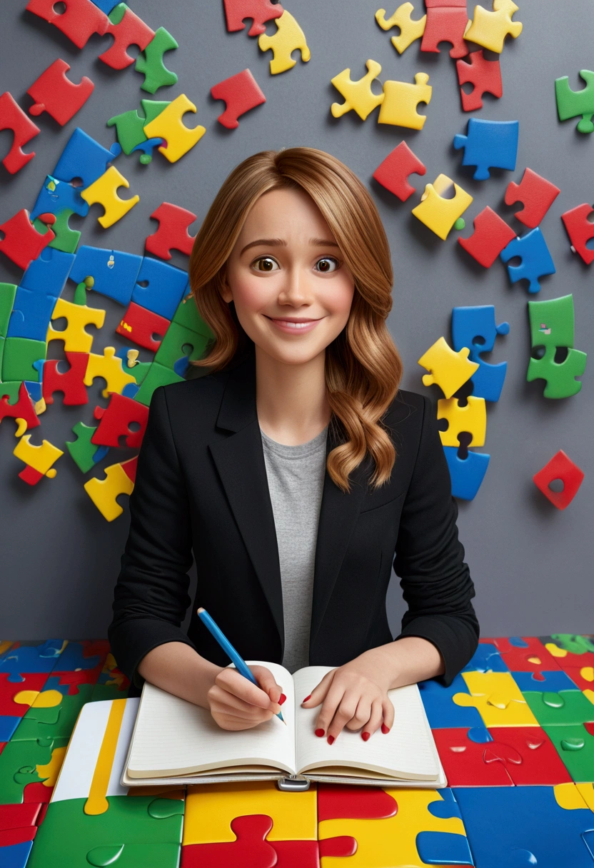 Pixar style 3D poster. light-skinned, happy woman, very straight dark blonde HAIR, light brown eyes, black blazer, black jeans, gray shirt, white sneakers, notebook in hand, BACKGROUND WITH RED, blue, green and yellow PUZZLES.