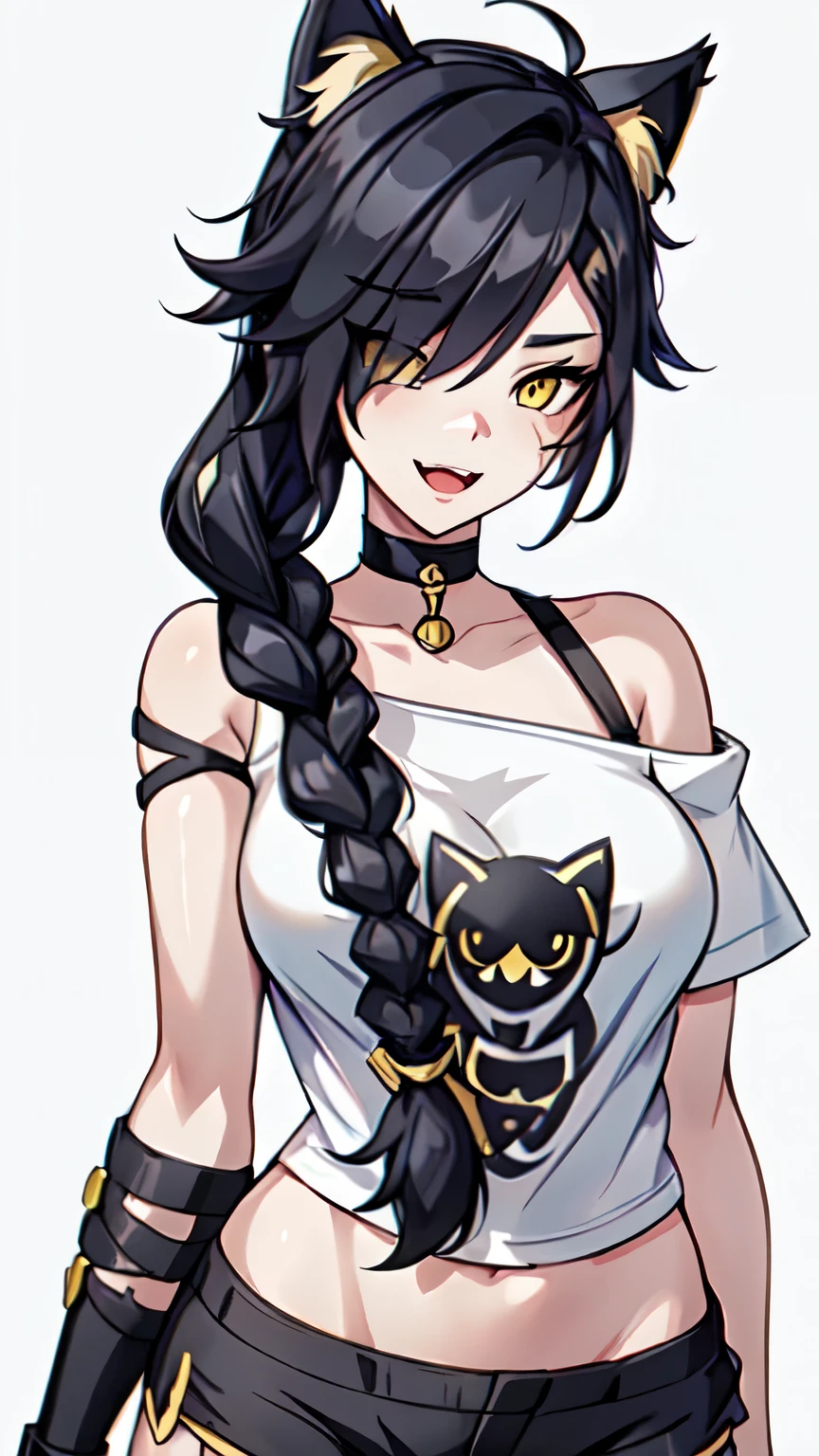 1girl, solo, long hair, looking at viewer, black hair, bandaid on face, yellow eyes, animal ears, smile, bandaid on nose, braid, cat ears, bandaid, bangs, breasts, fake animal ears, simple background, open mouth, fang, bare shoulders, scar, teeth, shirt, bare shoulders, white shirt, short sleeves, closed mouth, t-shirt, hair over one eye, portrait, bag, hair over shoulder, shorts, fullbody shot, cute, messy hair