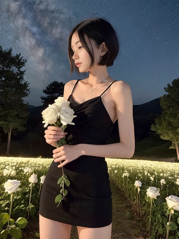 beautiful 16 year old girl, Skinny body, small bust, very short hair, smooth black color, no clothes on her chest with a skirt, two hands, Profile, Whole body, holding a white rose in her right hand, Perfect face, on a hill at night , few trees, starry sky, very bright stars, look forward, sad