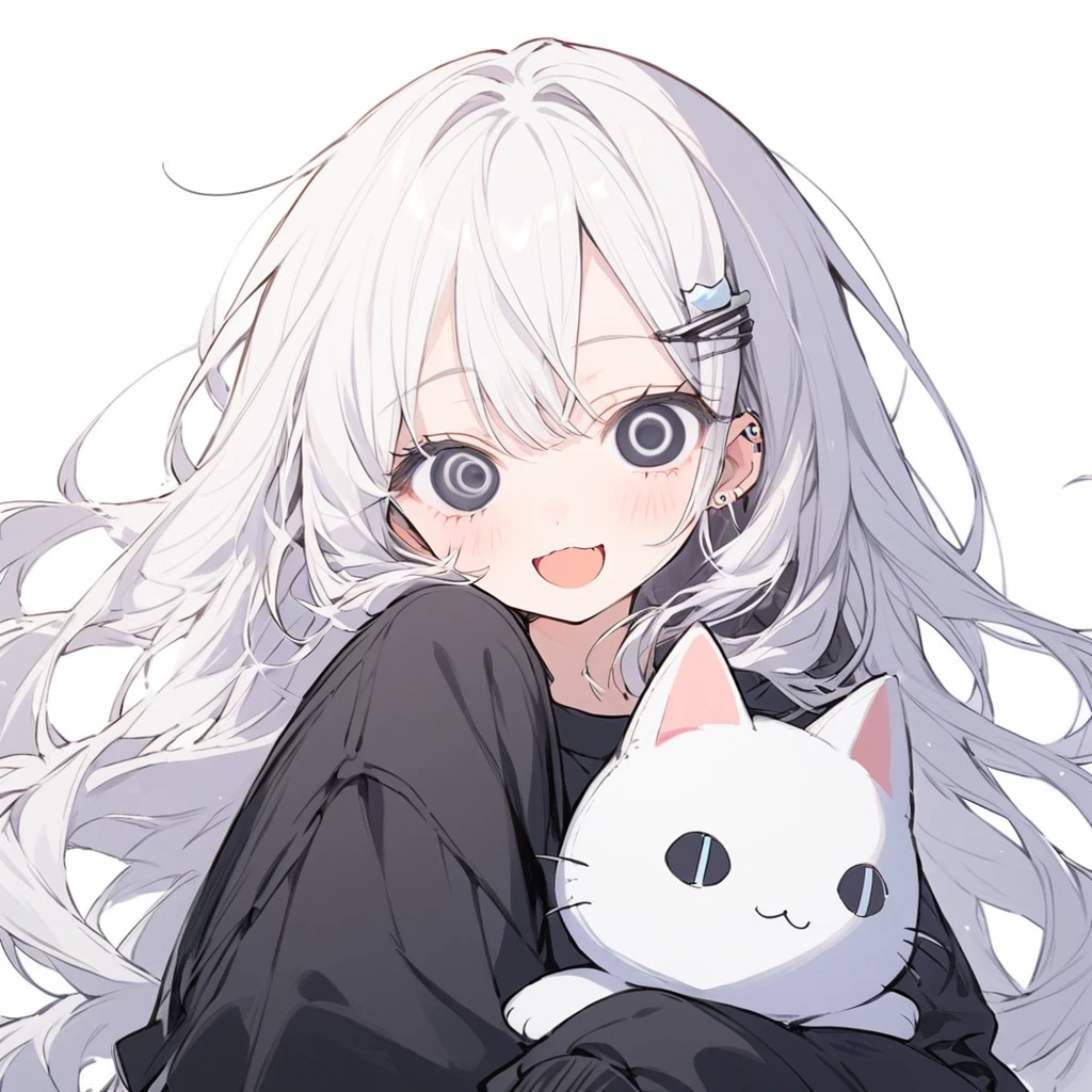 long hair, White hair, black inner hair, open mouth, smile, flustered, Illustration where the pupil does not overlap the lower lash line, The lower half of the eye is white, vacant eyes, black eyes, oversized clothes, sleeves past wrists, , black cardigan, black ribbon, piercing, stuffed animal, White background, 1girl, cat ear，solo, hairpin
