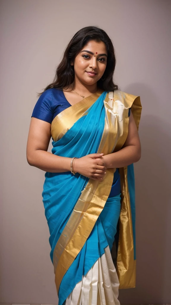 a 50-year-old shirtless man affectionately hugging and kissing aradiant, full-figured South Indian plus-sized 30 year old teacher wearing a off white silky saree in dressing room, captured in a full-body image with vibrant hues and meticulous details. Full body image