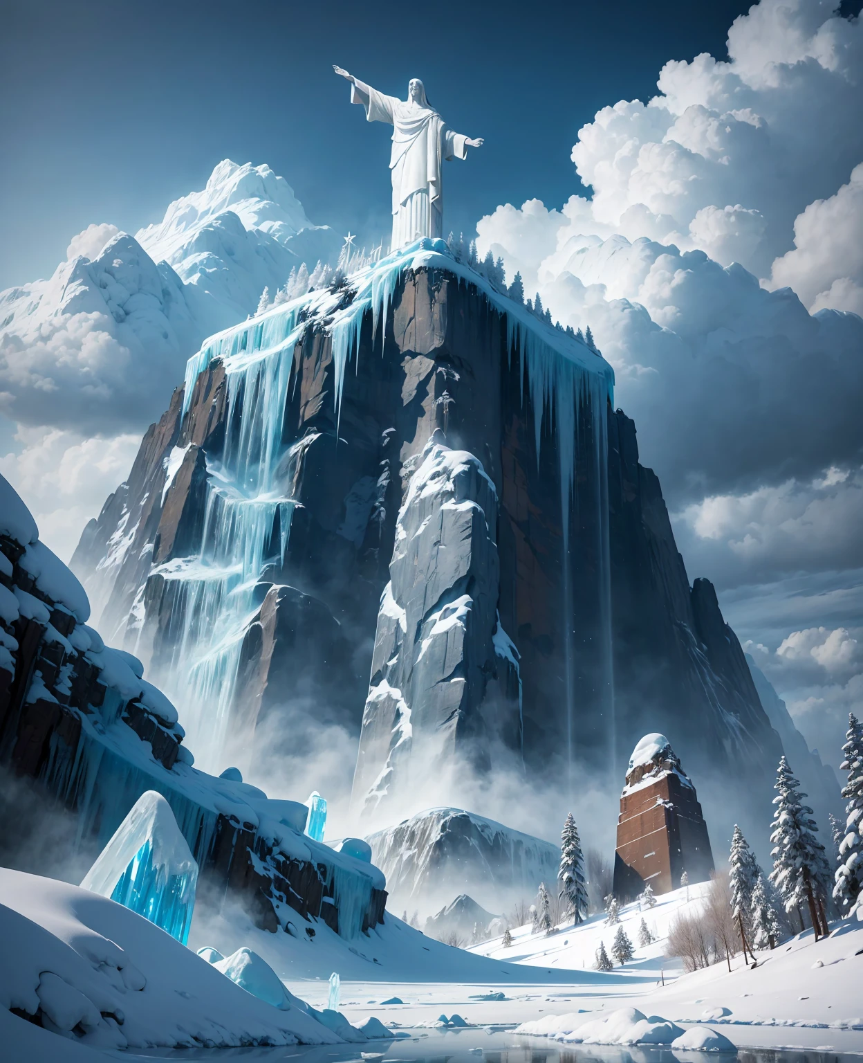 a majestic ice age apocalypse landscape with the christ the redeemer statue covered in ice, dramatic cloudy skies, frozen lake, detailed ice crystals and icicles, abandoned city in the background, desolate and frozen environment, cinematic lighting, realistic, 8k, best quality, highly detailed, photorealistic