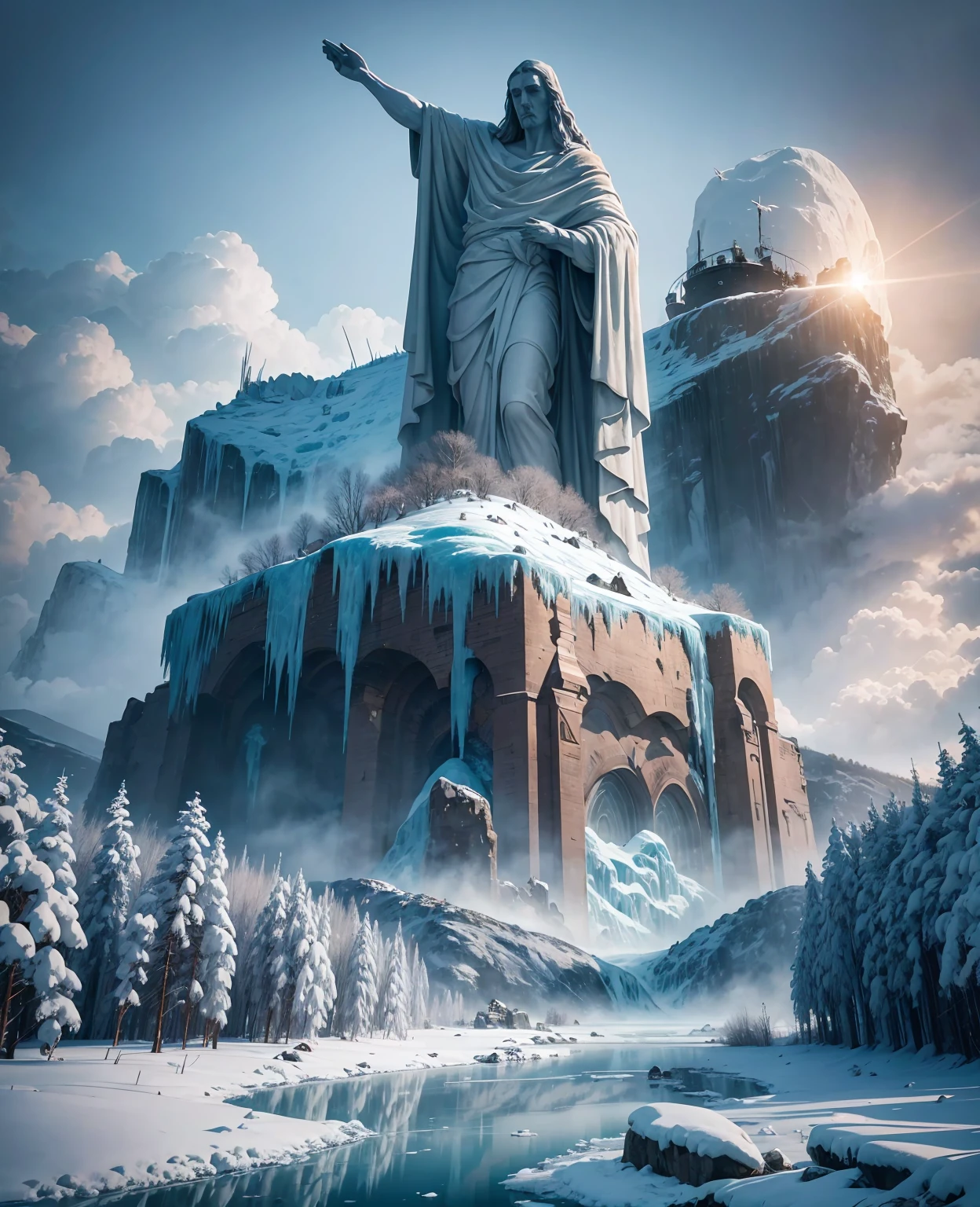 a majestic ice age apocalypse landscape with the christ the redeemer statue covered in ice, dramatic cloudy skies, frozen lake, detailed ice crystals and icicles, abandoned city in the background, desolate and frozen environment, cinematic lighting, realistic, 8k, best quality, highly detailed, photorealistic