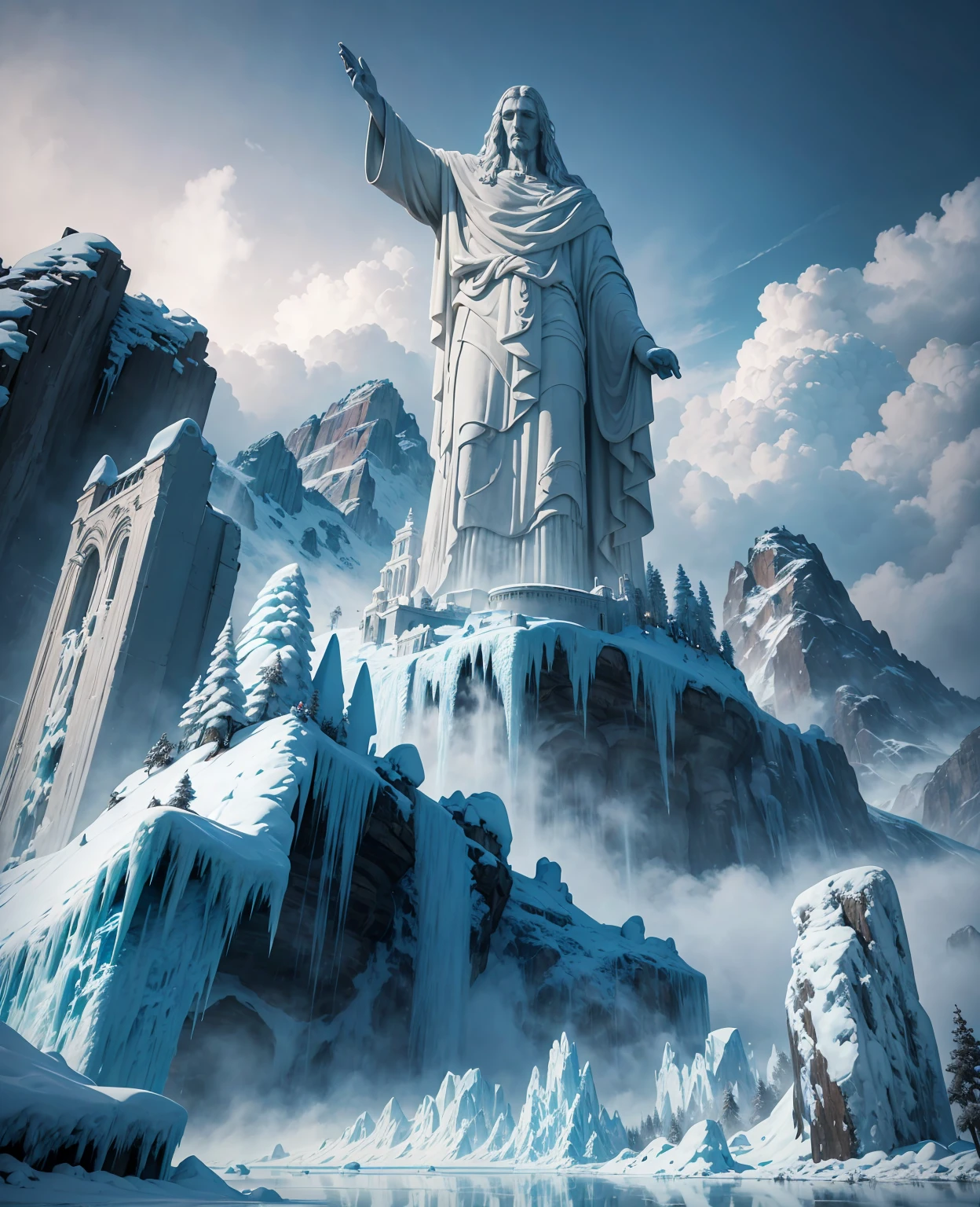 a majestic ice age apocalypse landscape with the christ the redeemer statue covered in ice, dramatic cloudy skies, frozen lake, detailed ice crystals and icicles, abandoned city in the background, desolate and frozen environment, cinematic lighting, realistic, 8k, best quality, highly detailed, photorealistic