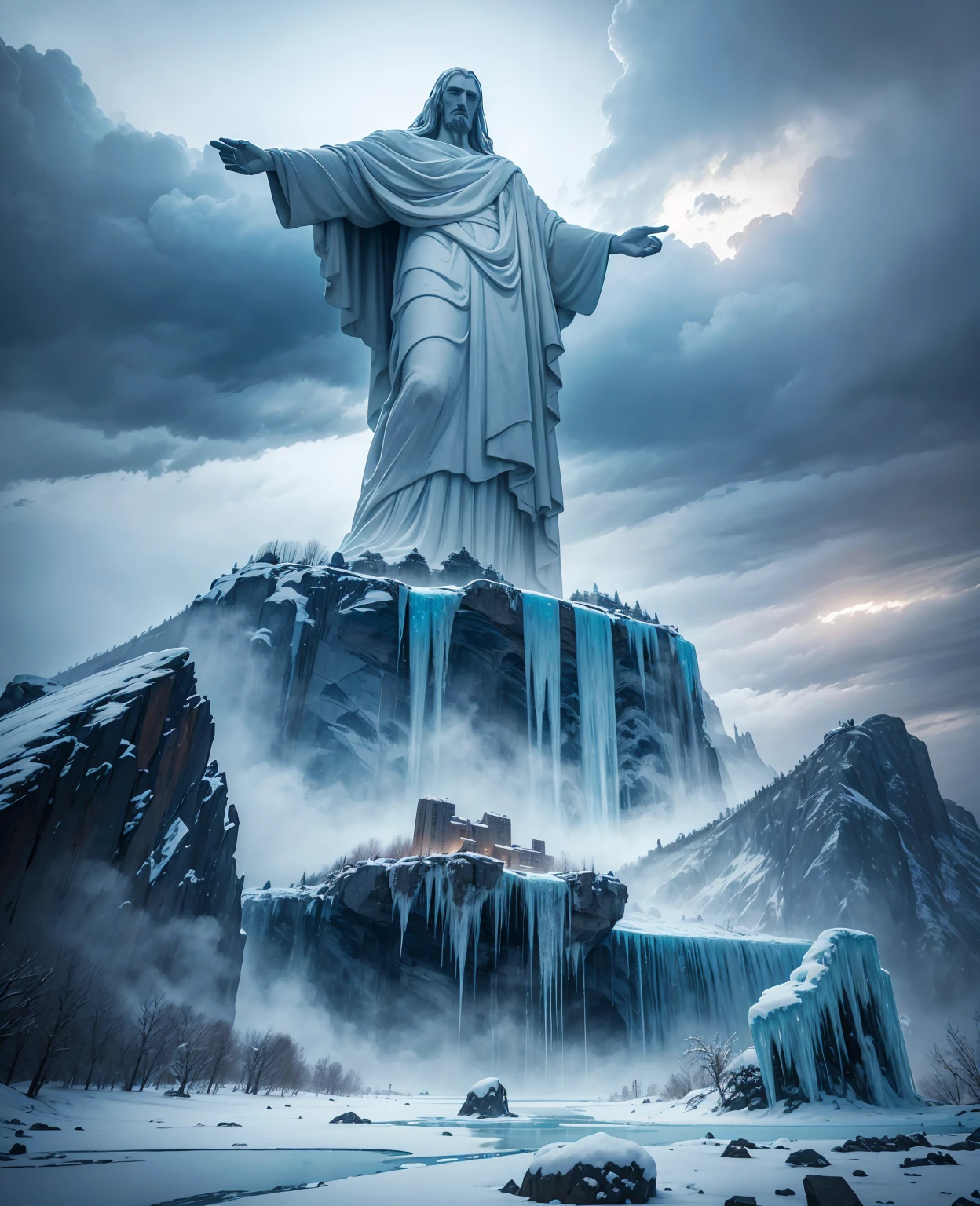 a majestic ice age apocalypse landscape with the christ the redeemer statue covered in ice, dramatic cloudy skies, frozen lake, detailed ice crystals and icicles, abandoned city in the background, desolate and frozen environment, cinematic lighting, realistic, 8k, best quality, highly detailed, photorealistic