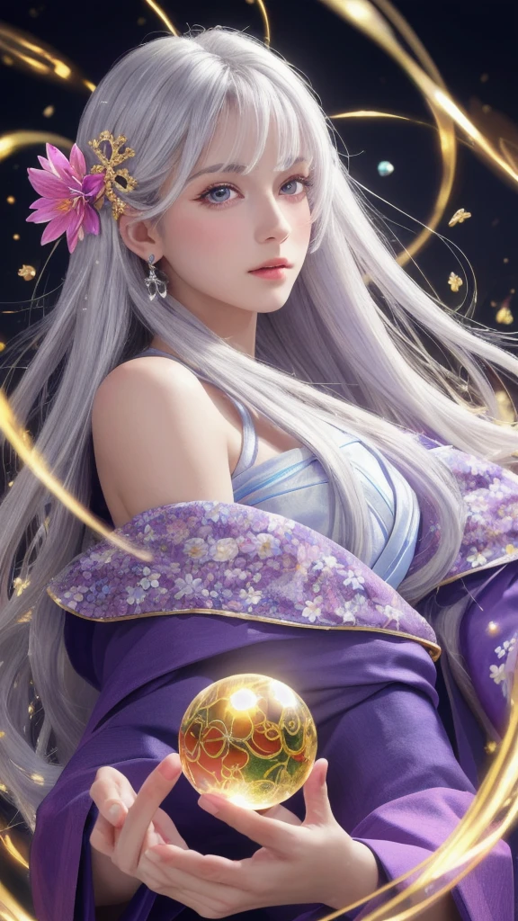 (masterpiece:1.3), (8k, photorealistic, raw photo, highest quality:1.4), (one girl), beautiful face, (realistic face), (long hair), (silver hair, near white hair, shiny hair, beautiful straight hair), (even bangs), (sharp bangs), straight hairstyle, realistic eyes, beautiful detailed eyes (purple eyes), (sharp eyes), (realistic skin), beautiful skin, (kimono), (magician's kimono), (flower hair ornament), attractive, ultra high resolution, ultra realistic, highly detailed, golden ratio, colorful background, (flowers blooming), (energy dancing background), magician, facing forward, facing from shoulders, looking straight ahead, both shoulders facing towards you, holding crystal ball, (heart crystal ball, love crystal ball).