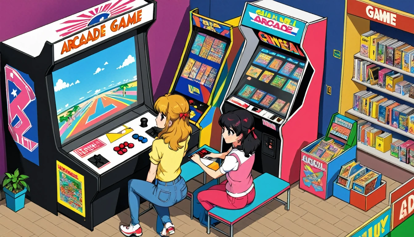 Highest quality,1980s American Casual Girl,Horizontal isometric arcade game, 80's video store, Games from the 1980s,