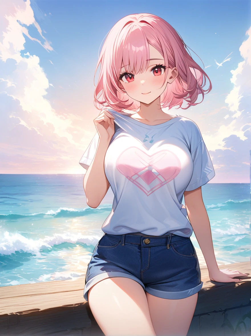 A tender masterpiece: A sweet, young girl with a mesmerizing combination of features - light pink hair styled in a short, stylish cut; piercing red eyes resembling precious jewels; and a shy smile that hints at her blushing nature. Her large breasts are softly rounded, inviting the viewer's gaze. She stands confidently on one shoulder, wearing a T-shirt that clings to her curves like a second skin, paired with shorts that accentuate her youthful charm. The ocean's gentle waves lap at her feet, creating a sense of tranquility. With three-dimensional coloring and detailed description, this illustration is a masterpiece of artistic beauty, capturing the essence of 'game CG' poster quality.