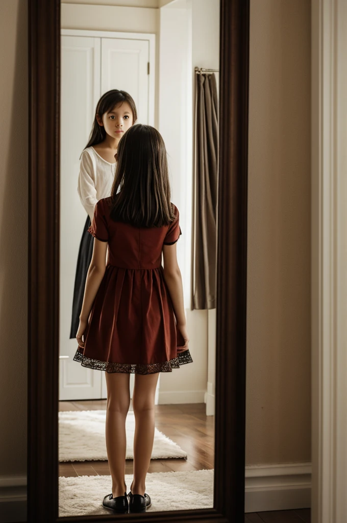 A young girl stands in front of the mirror, her expression tense. She suddenly turns around, but there's no one there
