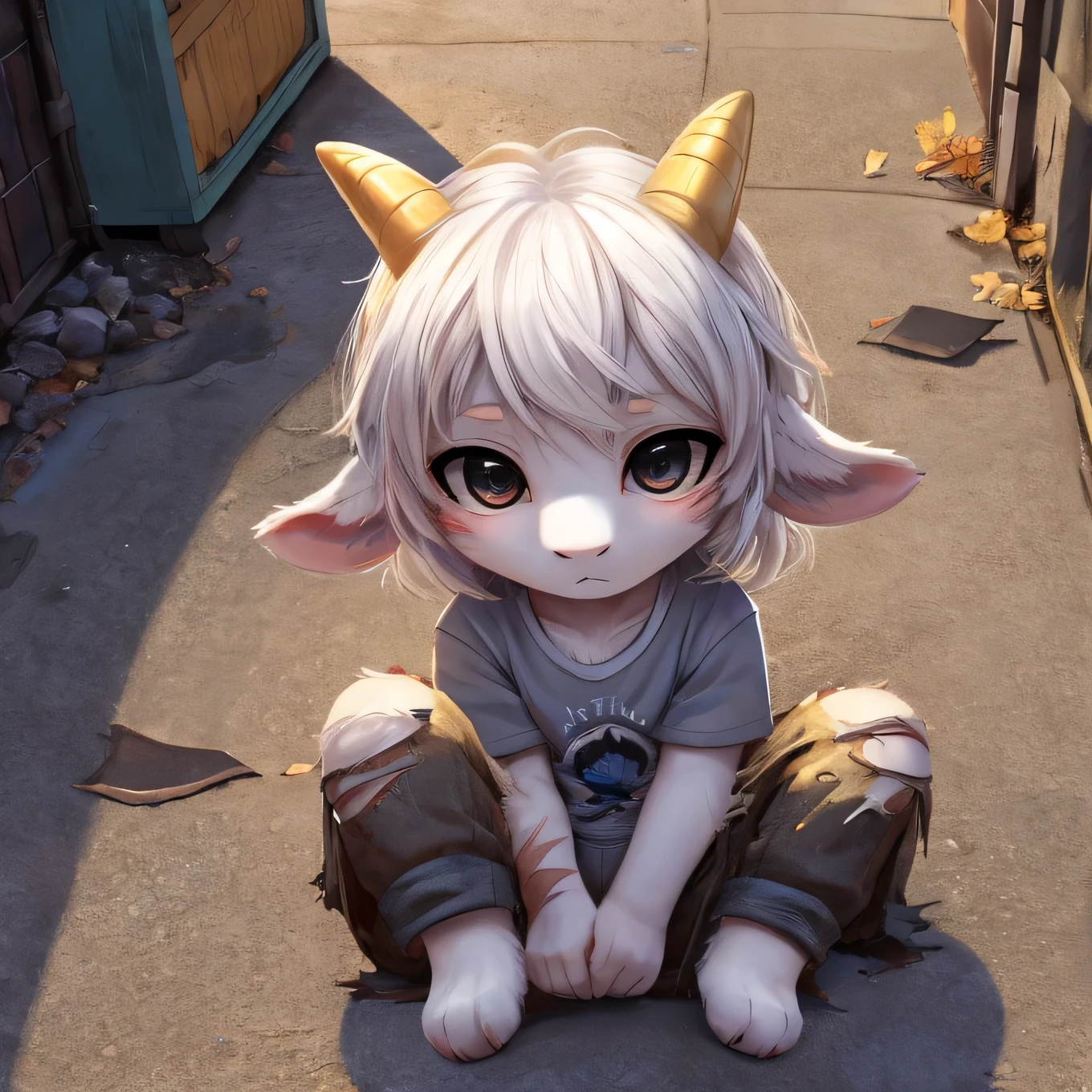 Cinematic, Solo, White female goat, soft fur, wearing a grey t-shirt and panties, furry, white body, with golden horns, lost look, tired expression, dirty and torn clothes, sitting on the street with legs open, extremely detailed, beautiful and detailed dilated eyes, black eyes, full body, with a body full of scars, high-angle, five fingers, chibi