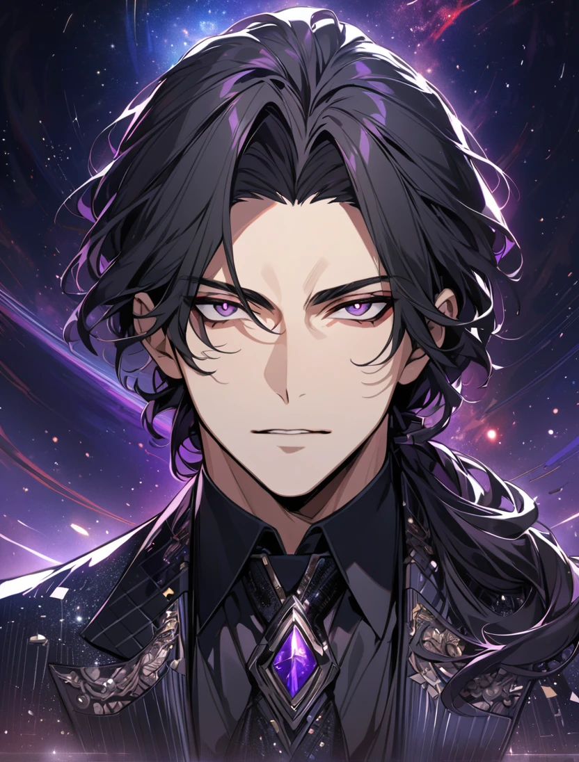 (black_hair), (long_male_hair), (deep_purple_eyes), (high_detailed_eyes), (attractive), (Deep_space_background), (male), (wears_black_suit), (long_male_hair), (detailed_Hair), (detailed), (detailed_mouth), (vertical_slit_pupils), (german)