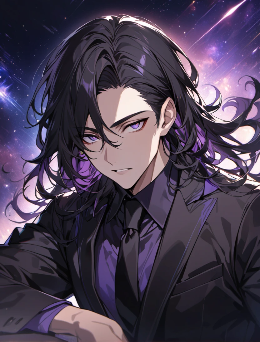 (black_hair), (long_male_hair), (deep_purple_eyes), (high_detailed_eyes), (attractive), (Deep_space_background), (male), (wears_black_suit), (long_male_hair), (detailed_Hair), (detailed), (detailed_mouth), (vertical_slit_pupils), (german)