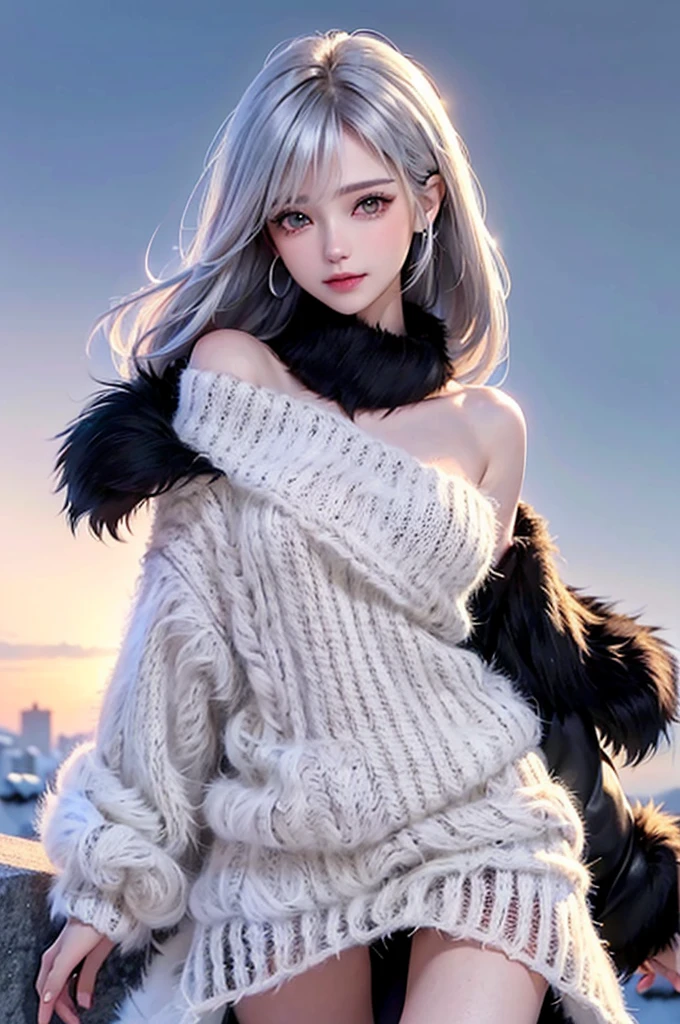 (Upper body portrait:1.5)((masterpiece:1.5、8k、Portraiture、フォトリアリスティックでVery detailedなCG、Very detailed、Particle Effects、Dynamic Effects、Written boundary depth、Cinematic Light、Lens flare、Ray Tracing、Tabletop、Realistic:1.4、Ultra-high resolution:1.2、Realistic、Realistic))((alone、Off-the-shoulder sweater,Sleeveless,Over an off-the-shoulder knit sweater、A woman wearing a black fur-trimmed leather coat:1.4、Elegant woman posing:、Detailed face、bright表情、young, bright, Whiter skin、Small breasts:1.4、Best Looks、Ultimate beauty、Shiny silver hair with highlights、Bright and shiny hair,、Modern Hairstyles、Hair dancing in the wind))(morning、The setting is a snowy hill overlooking the ruins.)Accentuate your cleavage