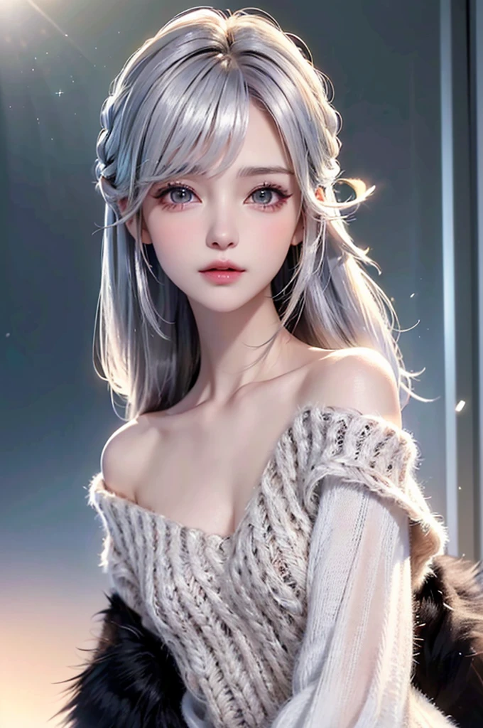 (Upper body portrait:1.5)((masterpiece:1.5、8k、Portraiture、フォトリアリスティックでVery detailedなCG、Very detailed、Particle Effects、Dynamic Effects、Written boundary depth、Cinematic Light、Lens flare、Ray Tracing、Tabletop、Realistic:1.4、Ultra-high resolution:1.2、Realistic、Realistic))((alone、Off-the-shoulder sweater,Sleeveless,Over an off-the-shoulder knit sweater、A woman wearing a black fur-trimmed leather coat:1.4、Elegant woman posing:、Detailed face、bright表情、young, bright, Whiter skin、Small breasts:1.4、Best Looks、Ultimate beauty、Shiny silver hair with highlights、Bright and shiny hair,、Modern Hairstyles、Hair dancing in the wind))(morning、The setting is a snowy hill overlooking the ruins.)Accentuate your cleavage