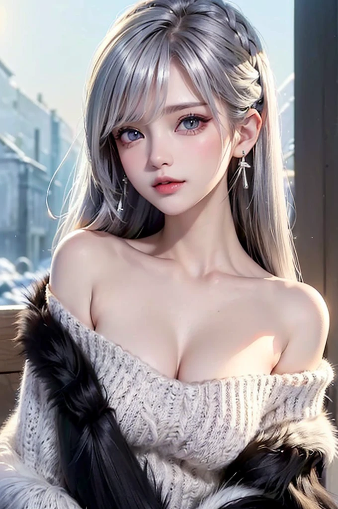 (Upper body portrait:1.5)((masterpiece:1.5、8k、Portraiture、フォトリアリスティックでVery detailedなCG、Very detailed、Particle Effects、Dynamic Effects、Written boundary depth、Cinematic Light、Lens flare、Ray Tracing、Tabletop、Realistic:1.4、Ultra-high resolution:1.2、Realistic、Realistic))((alone、Off-the-shoulder sweater,Sleeveless,Over an off-the-shoulder knit sweater、A woman wearing a black fur-trimmed leather coat:1.4、Elegant woman posing:、Detailed face、bright表情、young, bright, Whiter skin、Small breasts:1.4、Best Looks、Ultimate beauty、Shiny silver hair with highlights、Bright and shiny hair,、Modern Hairstyles、Hair dancing in the wind))(morning、The setting is a snowy hill overlooking the ruins.)Accentuate your cleavage
