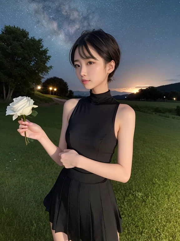 beautiful 16 year old girl, Skinny body, small bust, very short hair, smooth black color, no clothes on her chest with a skirt, two hands, Profile, Whole body, holding a white rose in her right hand, Perfect face, on a hill at night , few trees, starry sky, very bright stars, look forward, sad