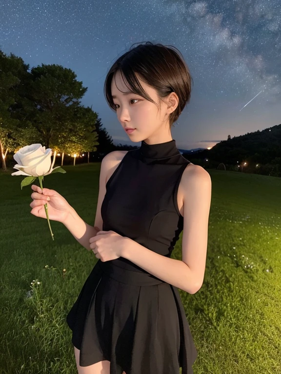 beautiful 16 year old girl, Skinny body, small bust, very short hair, smooth black color, has a short off shoulder dress, two hands, Profile, Whole body, holding a white rose in her right hand, Perfect face, on a hill at night , few trees, starry sky, very bright stars, look forward, sad