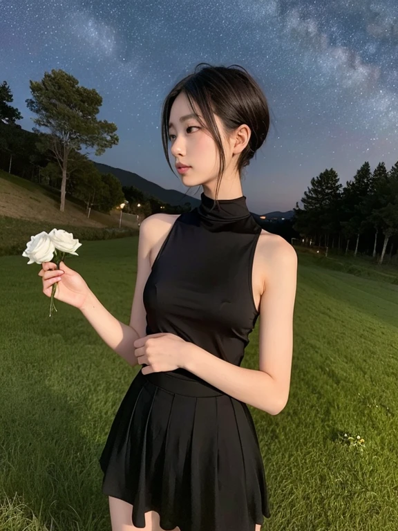 beautiful 16 year old girl, Skinny body, small bust, very short hair, smooth black color, no clothes on her chest with a skirt, two hands, Profile, Whole body, holding a white rose in her right hand, Perfect face, on a hill at night , few trees, starry sky, very bright stars, look forward, sad