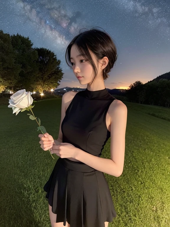 beautiful 16 year old girl, Skinny body, small bust, very short hair, smooth black color, no clothes on her chest with a skirt, two hands, Profile, Whole body, holding a white rose in her right hand, Perfect face, on a hill at night , few trees, starry sky, very bright stars, look forward, sad