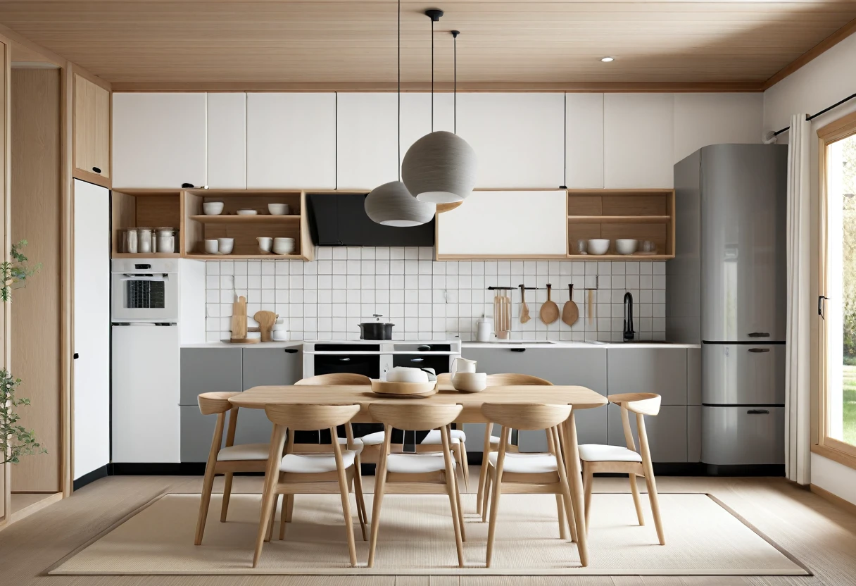 photo of Retro Japandi kitchen with dinning room interior style.
Combining Scandinavian and Japanese styles, minimalism, sophistication, using natural materials.
Color: Neutral tones, white, gray, wood color. UHD, 8K, super highly detailed, Ultra super HD, Ultra sharpen image