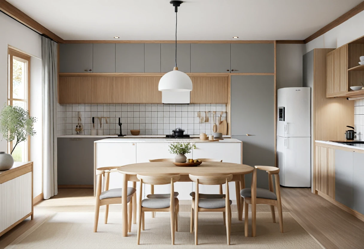 photo of Retro Japandi kitchen with dinning room interior style.
Combining Scandinavian and Japanese styles, minimalism, sophistication, using natural materials.
Color: Neutral tones, white, gray, wood color. UHD, 8K, super highly detailed, Ultra super HD, Ultra sharpen image