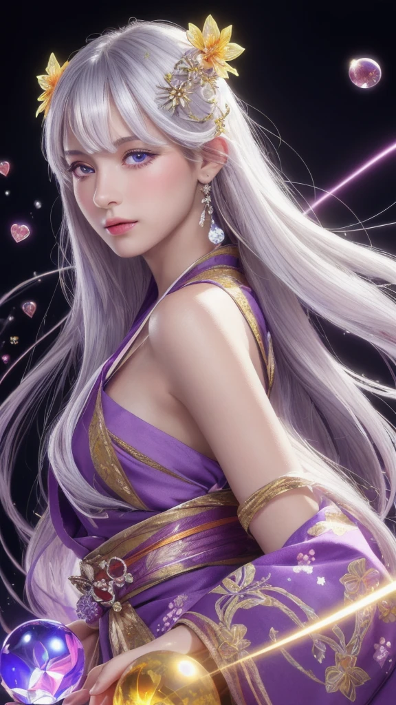 (masterpiece:1.3), (8k, photorealistic, raw photo, highest quality:1.4), (one girl), beautiful face, (realistic face), (long hair), (silver hair, near white hair, shiny hair, beautiful straight hair), (even bangs), (sharp bangs), straight hairstyle, realistic eyes, beautiful detailed eyes (purple eyes), (sharp eyes), (realistic skin), beautiful skin, (kimono), (magician's kimono), (flower hair ornament), attractive, ultra high resolution, ultra realistic, highly detailed, golden ratio, colorful background, (flowers blooming), (energy dancing background), magician, facing forward, facing from shoulders, looking straight ahead, both shoulders facing towards you, holding crystal ball, (heart crystal ball, love crystal ball).