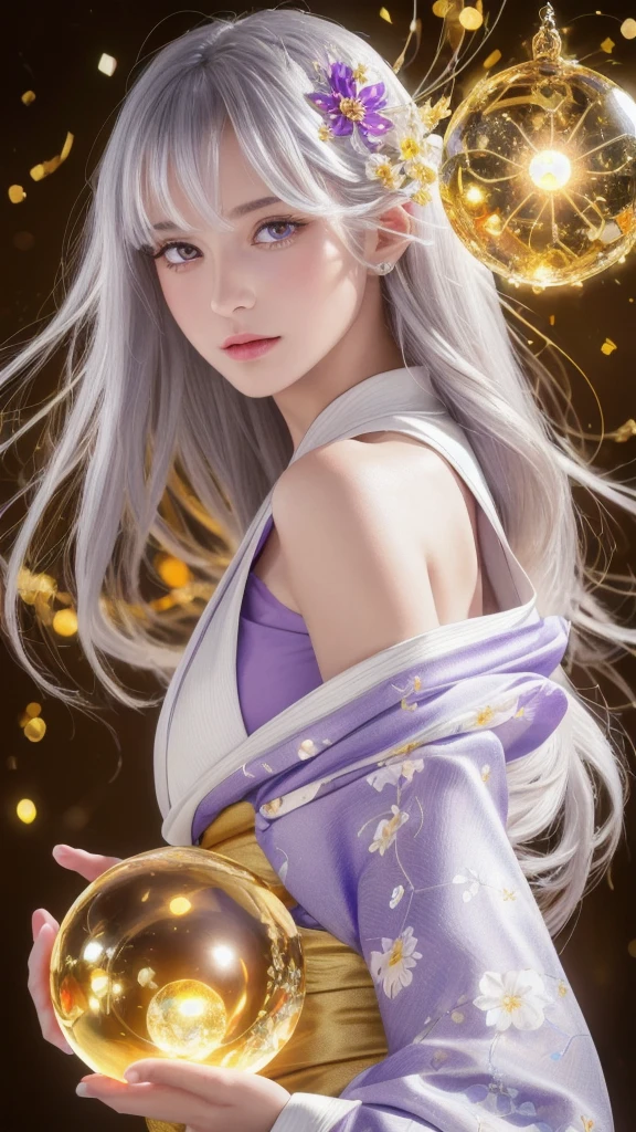 (masterpiece:1.3), (8k, photorealistic, raw photo, highest quality:1.4), (one girl), beautiful face, (realistic face), (long hair), (silver hair, near white hair, shiny hair, beautiful straight hair), (even bangs), (sharp bangs), straight hairstyle, realistic eyes, beautiful detailed eyes (purple eyes), (sharp eyes), (realistic skin), beautiful skin, (kimono), (magician's kimono), (flower hair ornament), attractive, ultra high resolution, ultra realistic, highly detailed, golden ratio, colorful background, (flowers blooming), (energy dancing background), magician, facing forward, facing from shoulders, looking straight ahead, both shoulders facing towards you, holding crystal ball, (heart crystal ball, love crystal ball).