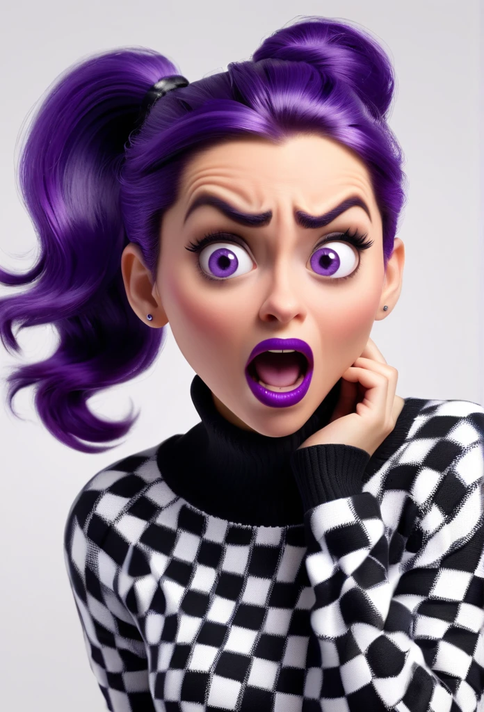 create a 3d illustration, model realisitic, exuberant, Expression of fear, scared hands simulating fear, woman sofisticaded,ponytail purple hair, black and white checkered pullover, luxury, realisitic, eyes large, ninth time, purple lips, Pixar-style, fashionable, Search for the camera, White background, Photo of the center.super HD,