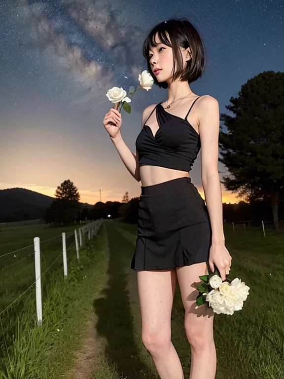 beautiful 16 year old girl, Skinny body, small bust, very short hair, smooth black color, has a short off shoulder dress, two hands, Profile, Whole body, holding a white rose in her right hand, Perfect face, on a hill at night , few trees, starry sky, very bright stars, look forward, sad