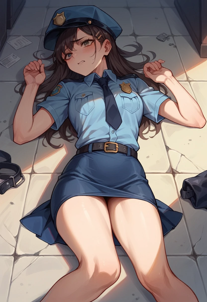 Girl lying on the floor, arrested, state, arrested ropa corta pecho mediano, with skirt, police