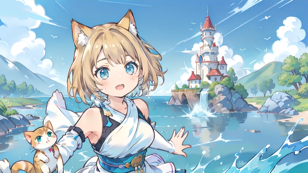 Chibi Character、Cat ear、Blonde Hair、Short Hair、Cat ear、Turquoise Eyes(masterpiece, Highest品質, Highest, Official Art, beautifully、aesthetic, exposed for a long time:1.3), Fluid movement, Fascinating patterns, (One girl: 2), (Dynamic pose), Absurd, Portraiture, alone, (whole body:1.1), View your viewers, Detailed Background, Detailed face, standing on water, ripple, swirling water, Suspended particles, Ether Dynamic, water, splash, vapor, Ocean Background, coastal, Ethereal atmosphere, (Crystal AI:0.8), Realistic Skin, Dramatic lighting, Ultra-realistic, wallpaper, Complex, Sharp focus, Ray Tracing, RTTX 10.0, Professionally color coded, Professional photography, masterpiece, Super detailed, high quality, Highest quality, 4K, 8k, born, FFX, Heterochromia iridis, short hair, Yuna Costume, hair ornaments, Removable sleeves, In the same way, sash, In the same way skirt, Long skirt, smile, Happy, Blonde Hair、Short Hair、Cat ear、Turquoise Eyes