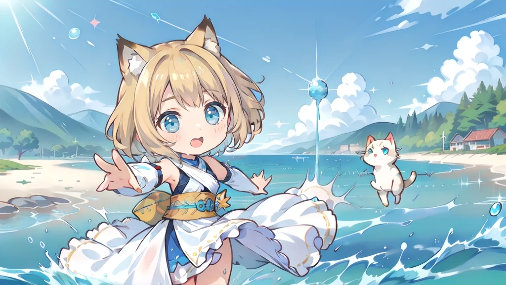 Chibi Character、Cat ear、Blonde Hair、Short Hair、Cat ear、Turquoise Eyes(masterpiece, Highest品質, Highest, Official Art, beautifully、aesthetic, exposed for a long time:1.3), Fluid movement, Fascinating patterns, (One girl: 2), (Dynamic pose), Absurd, Portraiture, alone, (whole body:1.1), View your viewers, Detailed Background, Detailed face, standing on water, ripple, swirling water, Suspended particles, Ether Dynamic, water, splash, vapor, Ocean Background, coastal, Ethereal atmosphere, (Crystal AI:0.8), Realistic Skin, Dramatic lighting, Ultra-realistic, wallpaper, Complex, Sharp focus, Ray Tracing, RTTX 10.0, Professionally color coded, Professional photography, masterpiece, Super detailed, high quality, Highest quality, 4K, 8k, born, FFX, Heterochromia iridis, short hair, Yuna Costume, hair ornaments, Removable sleeves, In the same way, sash, In the same way skirt, Long skirt, smile, Happy, Blonde Hair、Short Hair、Cat ear、Turquoise Eyes