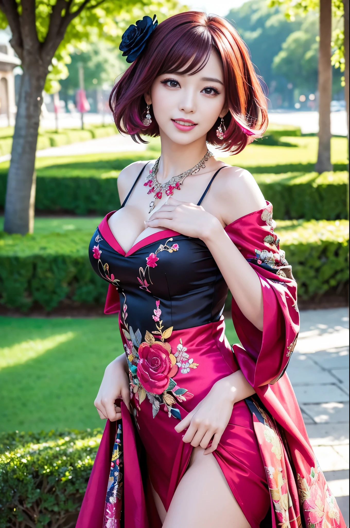 (masterpiece:1.4), (best quality:1.4), ultra high res, ultra high resolution, ((detailed facial features)), HDR, (realistic, photorealistic, photo-realistic:1.37), full body Esbian, sexy Japanese model, (-anime), vivid colors, ((vivid colors multicolor (red, fuchsia) very short hair)), (happy smile), lip-gloss, long lashes, ultra detailed metallic makeup, defined eyebrows, wearing large sparkling colorful jewelery, wearing a red silk Paradise Kiss cosplay dress with black floral embroidery, ((vivid colors outfit)), vivid colors, look at the camera, cinematic light, large park background with trees, sweet and sexy pose